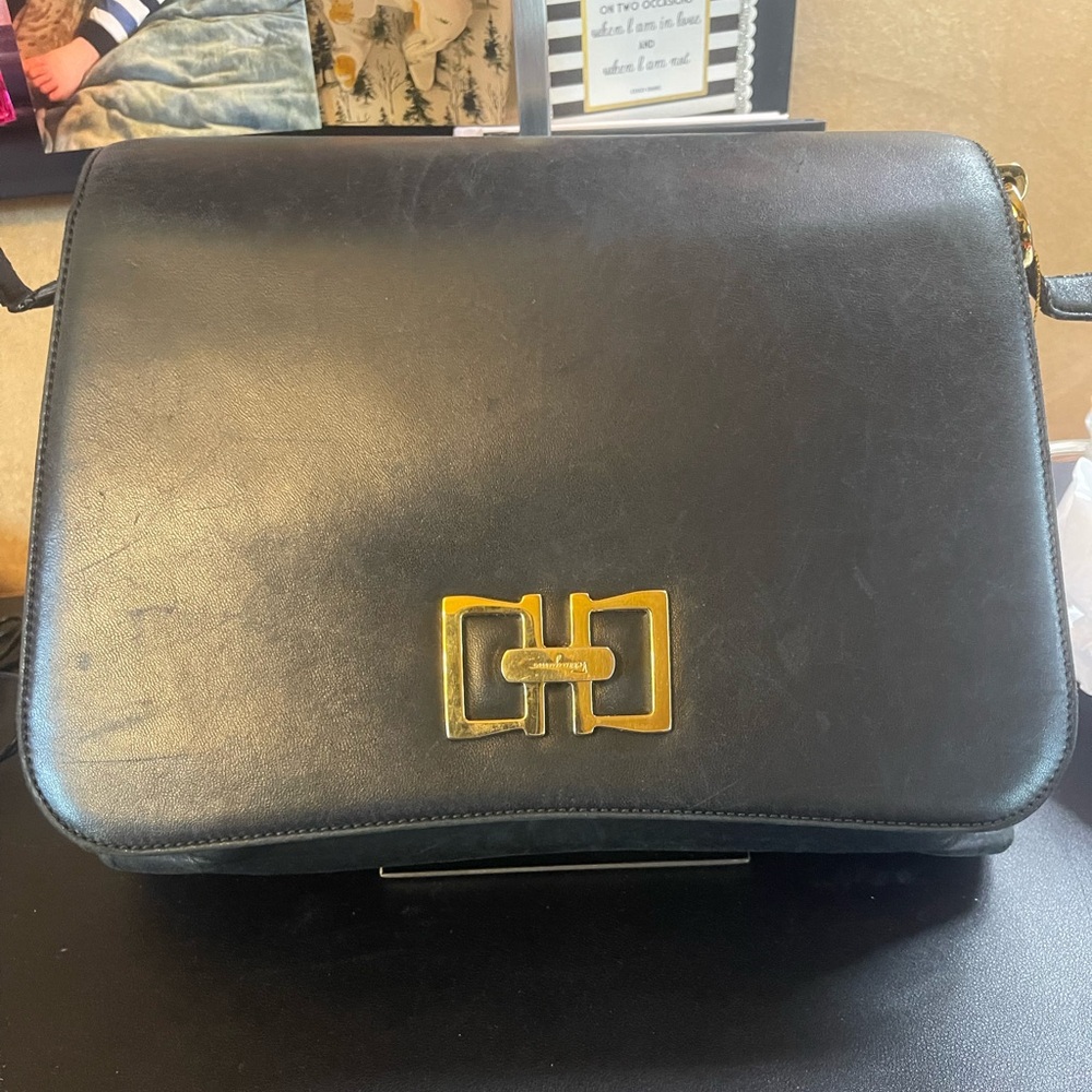 Authentic Ferragamo Soft Black  Leather Crossbody Bag with Gold Accent